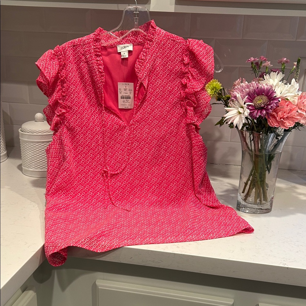 J. Crew Factory Pink Patterned Ruffle Blouse